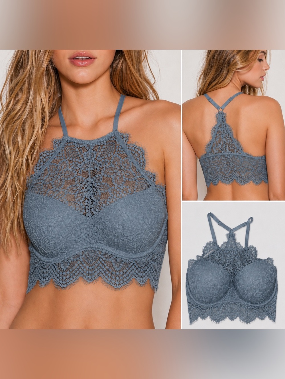 PINK Victoria’s Secret High Neck Bralette Push-Up Pigeonnant Blue Bra S-D-DD